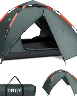 Cflity Camping Tent, 3 Person Instant Pop Up Tent, Waterproof, Three Layer Automatic Dome Tent, Large 4 Seasons Tent, Backpacking Tent with Rain-Fly 2 Expandable Porch for Camping