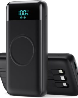 Ekrist Wireless Power Bank 26800mAh mit 3 Kabel, 7 in 1 25W PD3.0+QC4.0 Schnellladen USB C Powerbank, 6 Ausgängen Externe Handyakkus mit LCD Display Kompatibel mit iPhone 16/15/14 Huawei Samsung