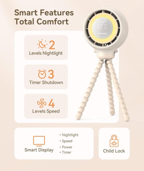Dreamegg Portable Fan, Pushchair, Intelligent LED Display, Flexible Tripod Fan, Clip Fan, 360°, Removable, 4 Speeds, 2 Night Lights, 4000 mAh Rechargeable USB Fan – Bild 4