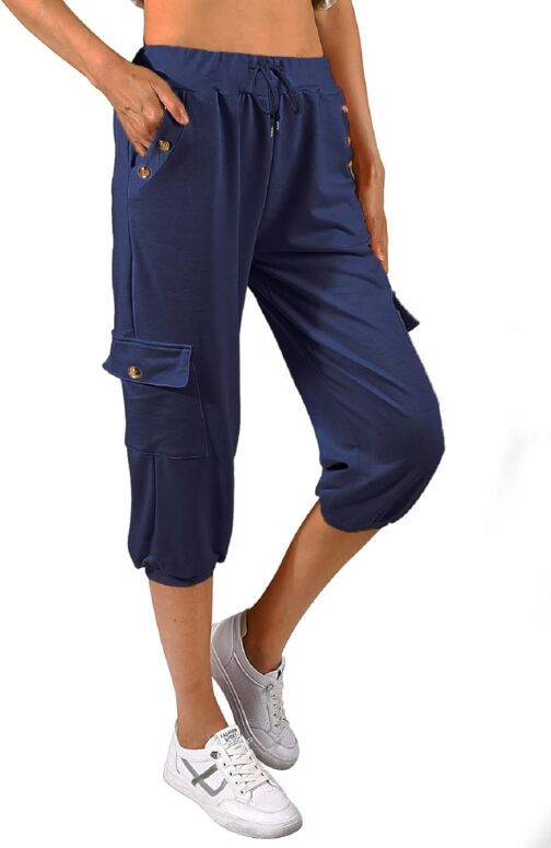 TOMEEK Capri Trousers Women's Jogging Bottoms 3/4 Sports Trousers Summer Leisure Trousers Sweatpants Shorts Plain Baggy Drawstring Waist Yoga Trousers Training Trousers with Side Pockets