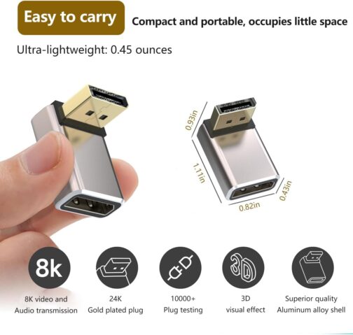 HLLYLL DisplayPort Adapter Set of 2 - 8K @ 60Hz UHD HDR DisplayPort 90 Degree 270 Degree Angled (Male to Female) - DP Extender Extension Plug Aluminium Housing Converter for Monitor – Bild 4