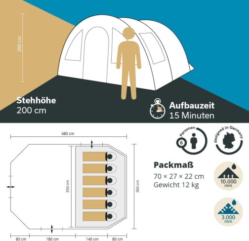 Skandika Kambo Tunnel Tent 6 - 12 People | Tent for 6-12 Men, Waterproof, 3000 mm Hydrostatic Head, 3 Separate Entrances, Awning, Awning Tent, Dark Sleeping Cabin, Camping Family Tent, Large Capacity – Bild 6
