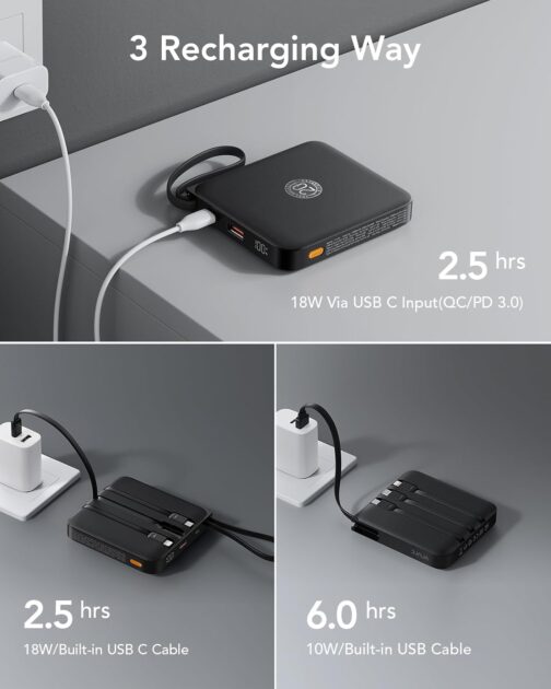 VRURC Power Bank 20000 mAh with Cable Small USB C Power Bank Fast Charging Mini Portable Charger External Battery Small and Lightweight with 4 Outputs 3 Input LED Display for iPhone Huawei Samsung etc – Bild 5