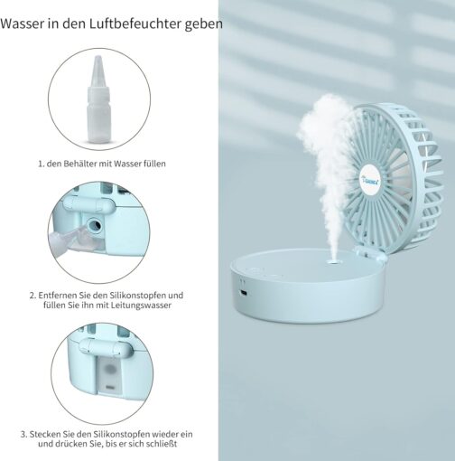 Handheld Fan, Portable Mini Fan with Cool Mist and Rechargeable Battery, Foldable Small Pocket Fan, 7 Colours Night Lights, USB Fan 3 Speeds for Travel, Office (Blue) – Bild 3