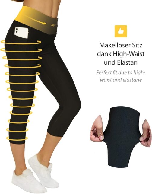 VS Capri Sports Leggings with Mobile Phone Pocket - 3 Side Pockets 3/4 Leggings for Mobile Phone, Keys, Running Trousers, Fitness Sports Tights, Black Pattern, Yoga Trousers, Sports Trousers, Jogging, – Bild 3