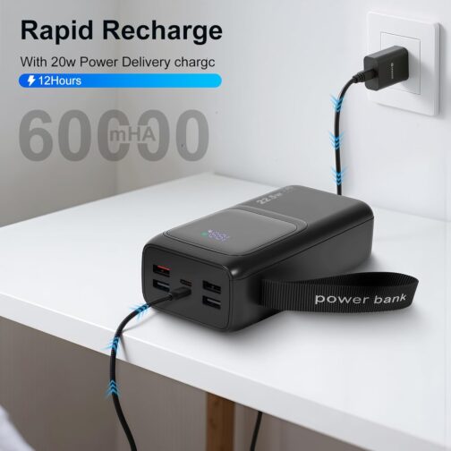 Outdoor Camping Power Bank 60000 mAh Power Bank with Large Capacity 22.5 W/PD20 W with Built-in Cable External Mobile Phone Batteries with Quick Charge Function for Smartphones, Tablets etc. (Black) – Bild 3