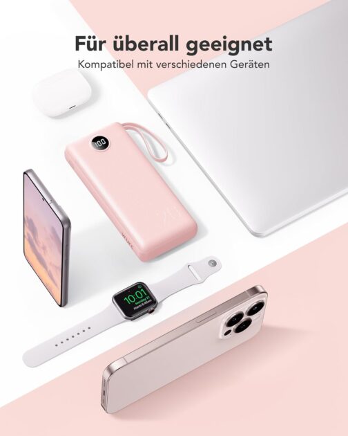 VRURC Powerbank 22.5 W Fast Charging, 20000 mAh Power Bank with Cable, Portable Charger, USB C LED Display, External Mobile Phone Batteries, Smartphone, Compatible with iPhone, Huawei, Samsung, etc. - – Bild 7