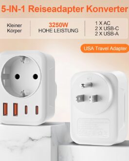 USA Adapter Socket, 5-in-1 Adapter USA Germany Plug with 1 AC 2 USB-C 2 USB-A (3.4 A), 3750 W Travel Adapter USA Adapter, EU to US Adapter for America, Canada, Thailand, Mexico (White/Type B)