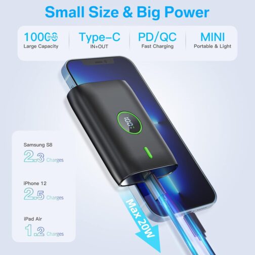 Power Bank 10000 mAh, 22.5 W Power Bank Small But Strong with LED Display, 12 V Output, Mini Power Bank External Mobile Phone Batteries, USB C Power Bank, for Huawei XiaoMi Samsung and More – Bild 2