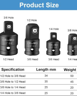 Socket Adapter, Set of 4 Socket Adapter Set, Adapter Set for Ratchets 1/4 to 3/8, 3/8 to 1/4, 3/8 to 1/2, 1/2 to 3/8 Socket Wrench Adapter for Sockets Nut Ratchets
