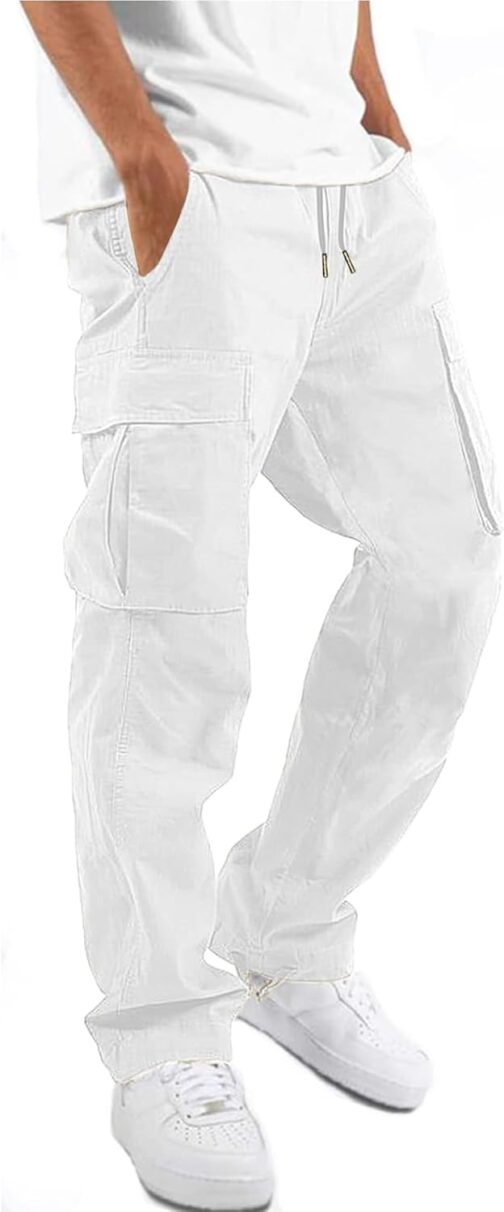 NEMXCE Men's Cargo Trousers, Chino Trousers Made of Lightweight Cotton with 6 Pockets, Jogging Bottoms, Elastic Waist with Drawstring, Casual Trousers for Men