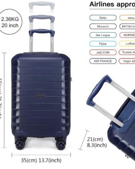 Kono 55 cm Hand Luggage Hard Shell Suitcase Trolley Suitcase Travel Suitcase with USB Charging Port and TSA Lock, navy, Suitcase