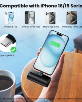 Feob Mini Power Bank 5200 mAh for iPhone 16/15 Series, PD Quick Charge Power Bank, USB C External Battery with LCD Display, Compatible with iPhone 16/15 Plus Pro Max, Samsung S24/S23, USB C Android