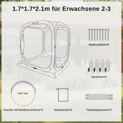 EAST OAK Pop Up Tent for 2-3 People, Gazebo for Camping, Garden, Patio, Pop Tent, Family Tent Standing Height, Fabrics Waterproof, UPF 50+ UV Protection, 360° Ventilation, Anti Mosquito, with Carry – Bild 7