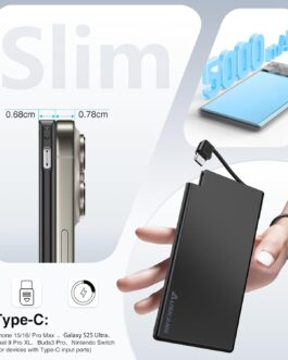 Auskang Powerbank USB C with Cable 0.68 cm Ultra Slim Portable Charger Ultra Thin and Lightweight External Battery Compatible with iPhone 15, Samsuang, Xiaomi etc. Black