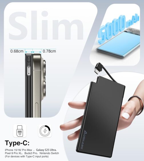 Auskang Powerbank USB C with Cable 0.68 cm Ultra Slim Portable Charger Ultra Thin and Lightweight External Battery Compatible with iPhone 15, Samsuang, Xiaomi etc. Black – Bild 2