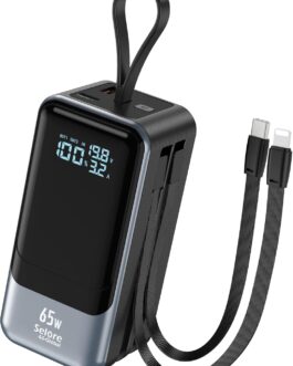 Selore&S-Global Power Bank, 65 W Powerbank USB C, External Mobile Phone Batteries, Quick Charge Function with Cable, Battery Pack 4 Ports for Laptop, MacBook Pro, Surface Go, iPad, iPhone 16, 15, 14