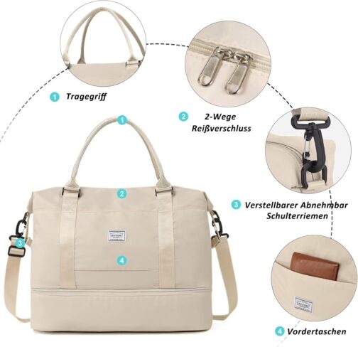 TANTOMI Women's Travel Bag, Hand Luggage, Sports Bag, 46 x 23 x 32 cm, Hand Luggage Bag, Weekender Bag, Waterproof Travel Bag, Duffle Bag, Training Bag, Clinic Bag, Birth Suitable for Holiday, Camping – Bild 3