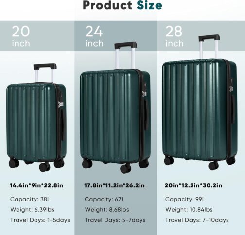 SHOWKOO Suitcase Set Hard Shell Expandable Lightweight 100% Polycarbonate Durable Travel Suitcase Trolley Hand Luggage Sets with TSA Lock and 4 Wheels, dark green – Bild 9