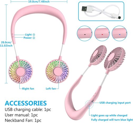 Portable Fan, Mini USB Fan Hands, Rechargeable, Neck Band / Desk Fan, 3 Speeds, LED Light, pink – Bild 6