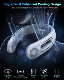 Dnenellr Neck Fan, Neck Fan, Rechargeable 5200 mAh, Portable Bladeless Fan with 4-Speed Personal Fan, 360° Cooling Airflow, Hanging Neck Fan for Men and Women