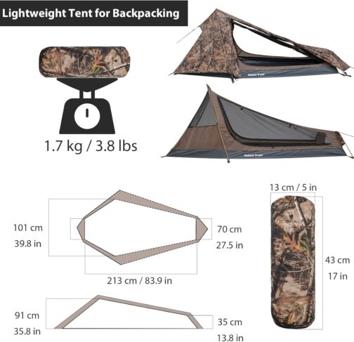 Geertop Bivouac Trekking Camping Tent Mini Pack Lightweight 213 x 101 x 91 cm H (1.5 kg), 1 person, 3 to 4 Seasons for Outdoor Camping, Hiking, Travelling and Climbing – Bild 4