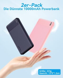 AsperX Power Bank Pack of 2, Power Bank 10000 mAh (USB-C Input and Output) Slim Small But Strong External Mobile Phone Batteries, Compatible with iPhone 14 13 12 11 Pro Max, Samsung, iPad, Huawei,