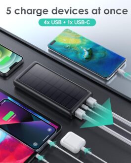 Power Bank 26800 mAh, 15 W Solar Power Bank PD3.0A USB C Input & Output Solar Charger 5 Output, External Battery with LED Torch Battery Pack IP65 for Outdoor Compatible with iPhone Samsung Huawei