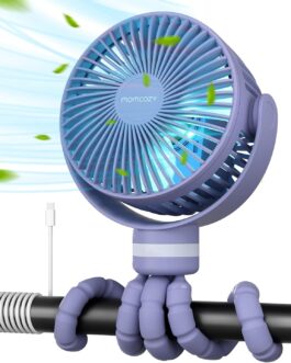 momcozy 8000 mAh Portable Pram Fan, 27H Battery Life Clip Fan, 360° Removable 4 Speeds, LED Night Light, Rechargeable USB Fan, Travel (Purple)