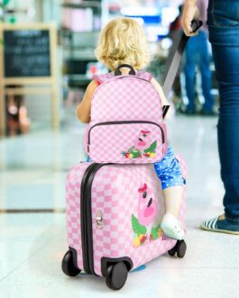 COSTWAY 2-Piece Children’s Suitcase + Backpack, 12 Inch + 18 Inch Children’s Trolley with Wheels & Waterproof Hard Shell, Children’s Luggage with Carry Strap, Rope & Footrests, Rolling Suitcase for