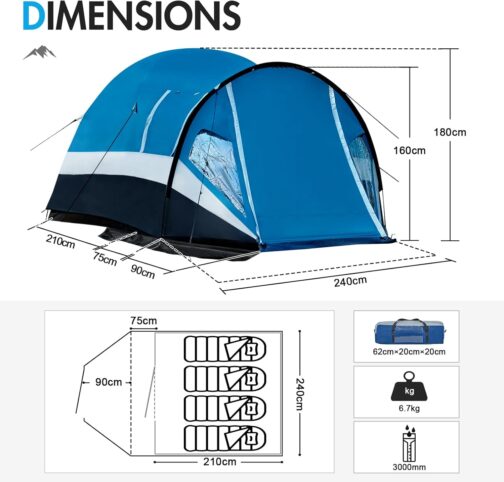 Portal Tent 3-4 Person Standing Height Camping Dome Tent XL with Porch Side Door & Window 3-4 Season 3000 mm Waterproof for Outdoor Festival Family – Bild 6