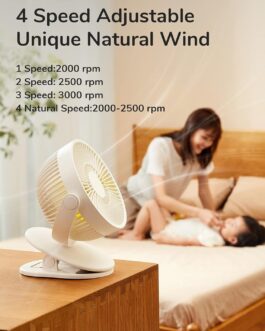 JISULIFE Mini USB Fan, Clip Battery Table Fan, Very Quiet, Small with 4000 mAh Battery, 4 Speed Levels, Max 14 Hours for Bed, Desk, Crib, Pram, Car Seat – White