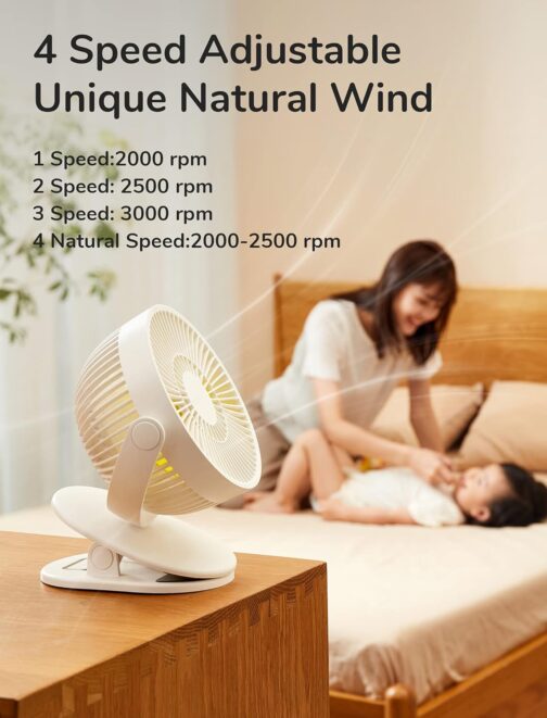 JISULIFE Mini USB Fan, Clip Battery Table Fan, Very Quiet, Small with 4000 mAh Battery, 4 Speed Levels, Max 14 Hours for Bed, Desk, Crib, Pram, Car Seat - White – Bild 2