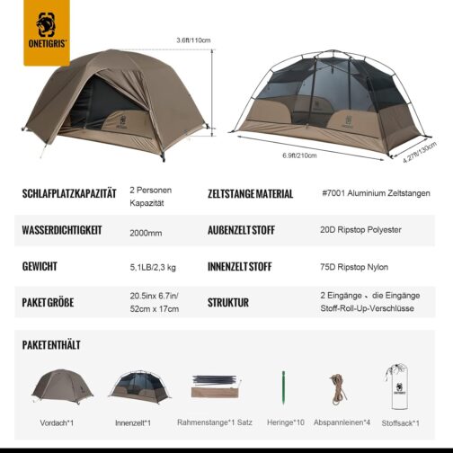 OneTigris COSMITTO 2 Person Backpack Tent - Freestanding Lightweight Waterproof 3 Season Camping Tent for Outdoor Hiking Mountaineering – Bild 3