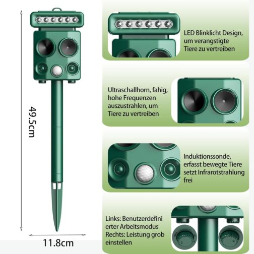 Cat Repeller Ultrasonic Animal Repellent, 4 Modes Solar Animal Repeller Cat Repeller with PIR Motion Sensor and LED Flashing Light, IP66 Waterproof Marten Deterrent for Cats, Dogs, Birds, Wild Animals – Bild 6