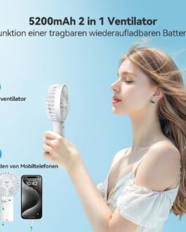 TECKNET Handheld Fan, Portable, 5200 mAh Handheld Fan, Battery Rechargeable, Mini Hand Fan with Power Bank, Small Fan with 3 Adjustable Speeds for Travel, Home, White