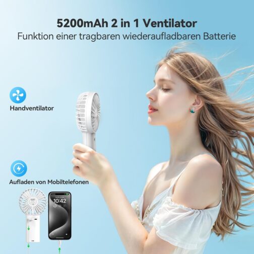 TECKNET Handheld Fan, Portable, 5200 mAh Handheld Fan, Battery Rechargeable, Mini Hand Fan with Power Bank, Small Fan with 3 Adjustable Speeds for Travel, Home, White – Bild 2