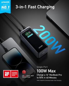 Anker Prime Power Bank, 20,000 mAh External Battery with 200 W Power, Digital Display, 2 x USB-C and 1 x USB-A Port, Compatible with iPhone 14/13 Series, Samsung, MacBook, Dell, and More