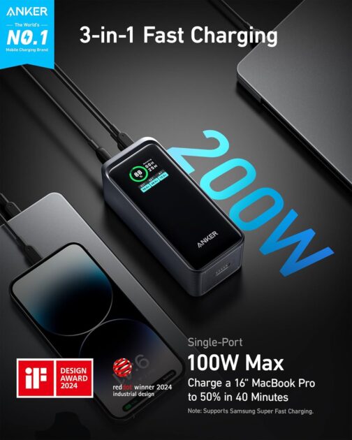 Anker Prime Power Bank, 20,000 mAh External Battery with 200 W Power, Digital Display, 2 x USB-C and 1 x USB-A Port, Compatible with iPhone 14/13 Series, Samsung, MacBook, Dell, and More – Bild 2