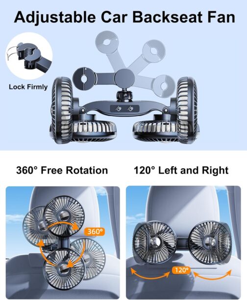 xuenair Car Rear Seat Fan, 360° Rotatable Car Seat Fan for Baby Back-Facing, 3 Speeds Separate Control, Car Cooling Fan, USB Car Fan for Vehicles, SUVs, RV – Bild 3