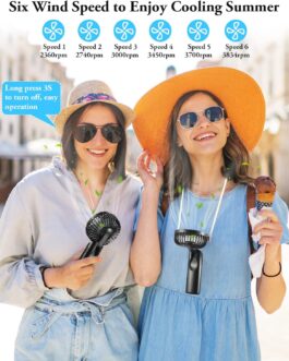 Bistfy Handheld Fan, Portable, Mini Fan, 5200 mAh Handheld Fan, Battery Rechargeable, Strong Quiet 6 Speed Foldable Pocket Fan, Neck Fan with Power Bank for Travel, Home