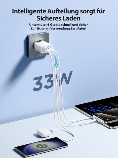 USB Charger, 4-Port 33W Fast Charger, USB Power Supply with QC 3.0 Multiple USB Plug Power Adapter for iPhone 16 15 14 13 12 11 Pro Max, Samsung, Huawei, Xiaomi, Mobile Phones Fast Charger Charging – Bild 2