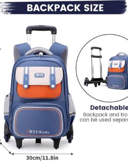 Amythe Children’s Backpack Trolley, 28L Backpack with Wheels for Children, Removable Trolley School Bag for Boys Grades 1-4, School Bag for School/Travel, 6 Wheels, Blue