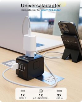VOOMY Travel Adapter Worldwide, Universal Travel Plug with 3USB, 1USB, 1AC Socket, Travel Adapter Europe, USA, Mexico, Australia, Thailand, Travel Adapter USA, Travel Plug Adapter Worldwide, Travel
