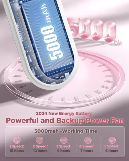 EasyAcc Handheld Fan, 5000 mAh Portable Mini Fan with 5 Speeds, 15 Hour Range and LED Display, Backup Power and Flashlight, 5-in-1 USB Fan for Travel, Office, Home, Pink – Bild 3