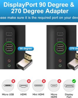 HLLYLL DisplayPort Adapter Set of 2 – 8K @ 60Hz UHD HDR DisplayPort 90 Degree 270 Degree Angled (Male to Female) – DP Extender Extension Plug Aluminium Housing Converter for Monitor