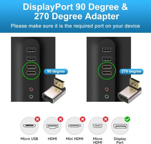 HLLYLL DisplayPort Adapter Set of 2 - 8K @ 60Hz UHD HDR DisplayPort 90 Degree 270 Degree Angled (Male to Female) - DP Extender Extension Plug Aluminium Housing Converter for Monitor – Bild 2