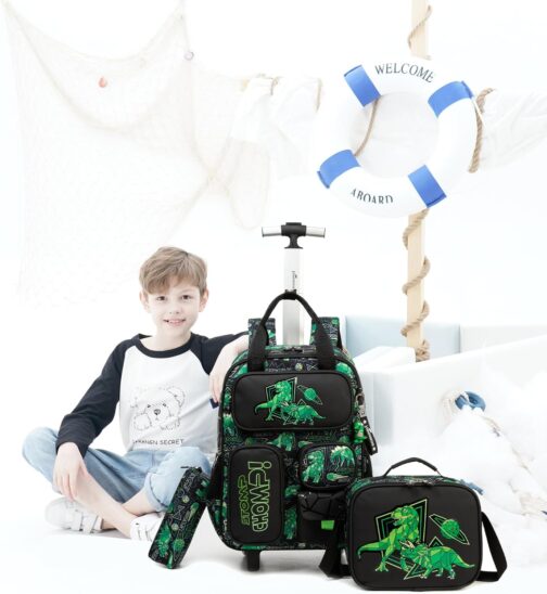 HTgroce Multi-compartment trolley backpack school bag trolley girls boys school backpack trolley school trolley school backpack children's suitcase travel luggage for teenagers, B-Dinosaur – Bild 7