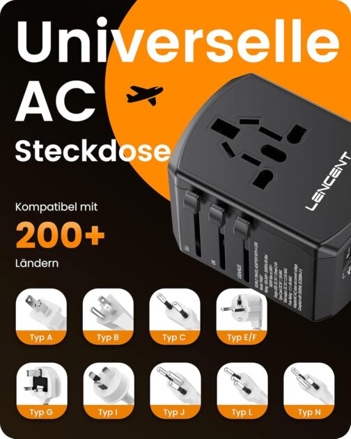 LENCENT Travel Adapter Worldwide, Universal Travel Plug World Travel Adapter with 2 USB A and 2 USB C, International Socket Adapter for Japan Thailand USA England Australia (Type A/B/G/I/D/I/L/M/N) – Bild 6