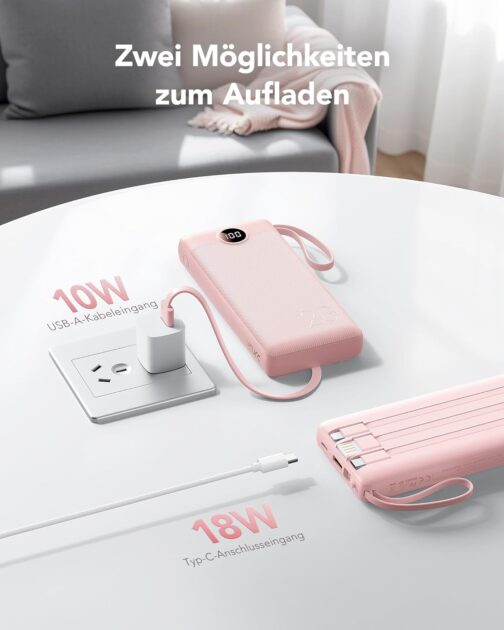 VRURC Powerbank 22.5 W Fast Charging, 20000 mAh Power Bank with Cable, Portable Charger, USB C LED Display, External Mobile Phone Batteries, Smartphone, Compatible with iPhone, Huawei, Samsung, etc. - – Bild 6